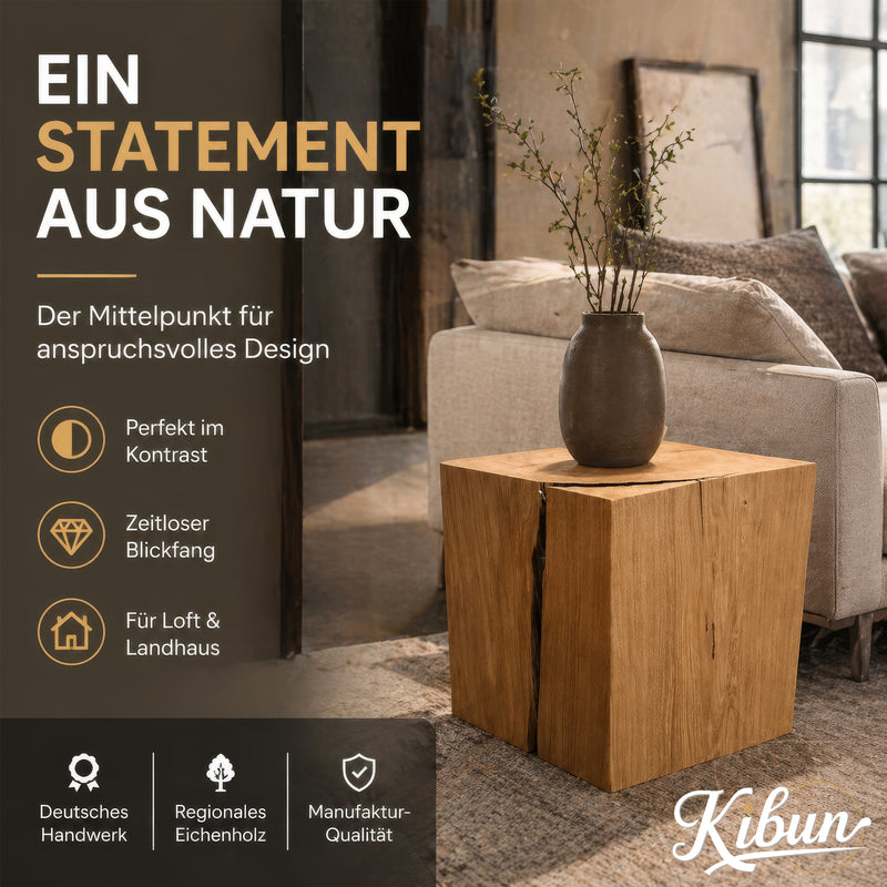 Beistelltisch Baumstamm-Holzwürfel aus massiver Eiche 85 kg - Unikat