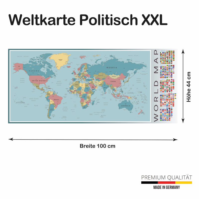 Poster: Weltkarte Politisch; Größe: 100x44 cm
