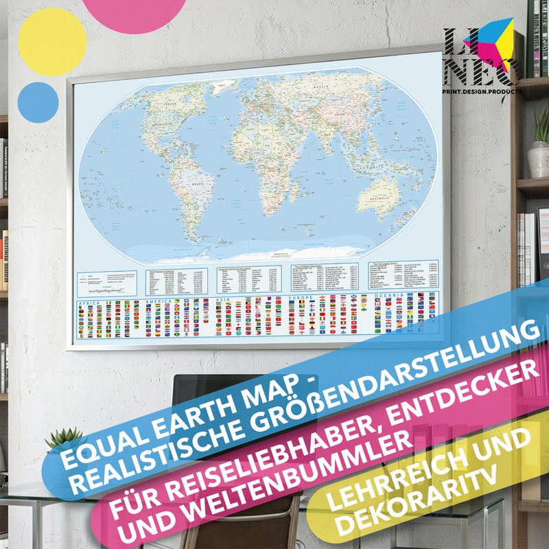 Weltkarte XXL als Poster mit Equal-Earth-Projektion, 119x84 cm