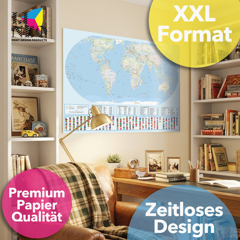 Weltkarte XXL als Poster mit Equal-Earth-Projektion, 119x84 cm