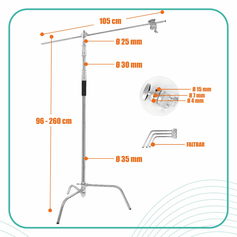 Galgenstativ Lichtstativ aus Edelstahl 96-260 cm
