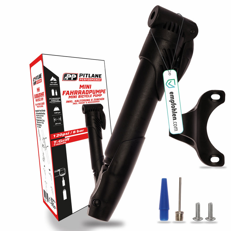 Fahrrad-Handpumpe Luftpumpe inkl. Halterung + Zubehör Basic Schwarz 20 cm