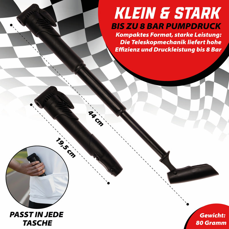 Fahrrad-Handpumpe Luftpumpe inkl. Halterung + Zubehör Basic Schwarz 20 cm